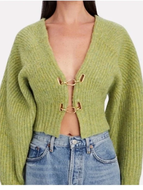 Cult Gaia Olive Green Hook-Front Ribbed Cardigan - Picture 2 of 10